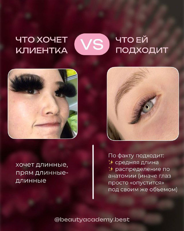 Сравнение желаемого и подходящего: клиентка хочет очень длинные и прямые ресницы, справа показан более мягкий, подходящий изгиб и длина.