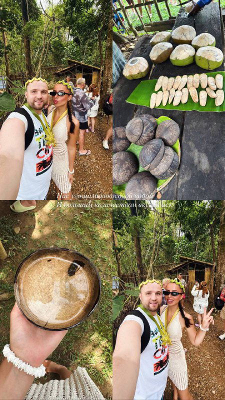 Коллаж: авторы поста на ферме, кадры кокоса и приготовления напитка вручную — бытовые сцены и традиционные продукты у фермеров