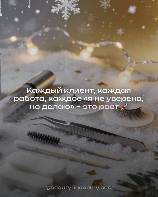 Пара пинцетов, щёток и полосок ресниц на зимнем фоне с лёгкой гирляндой — атмосфера подготовки и праздника для мастера.