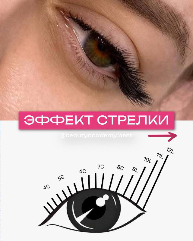 Крупный план глаза с эффектом «стрелки» — удлинение к внешнему углу; снизу видна диаграмма для построения схемы.