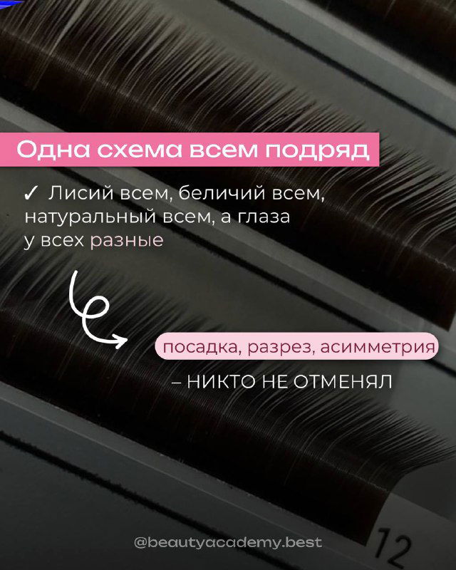 Планшет с рядами искусственных ресниц разных длин и маркировкой — демонстрация использования одной схемы для всех глаз и возможной асимметрии.