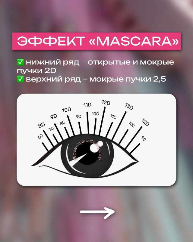 Инфографика эффекта «mascara»: схема глаза с отметками длин и пучков, указаны нижний и верхний ряды, полезно для моделирования и обучения мастера