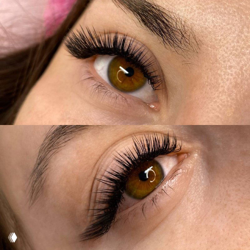 Два глаза с объёмным профессиональным наращиванием: пушистые веера, тёмные длинные ресницы и эффект удлинения к внешнему уголку глаза.