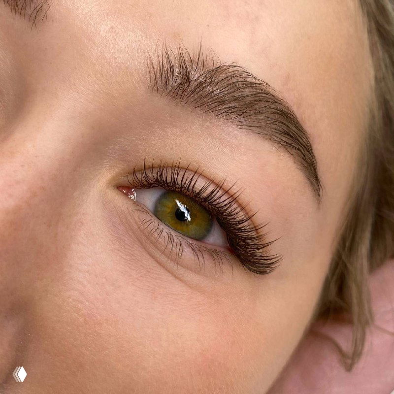 Глаз с естественным, но заметным профессиональным наращиванием ресниц: ровный ряд, равномерная длина, мягкий, но чёткий изгиб и аккуратный финиш.