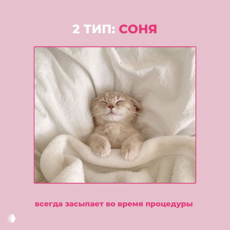 Картинка: маленький котёнок, сладко спящий в белом пледе, иллюстрация типа клиента «соня», который засыпает во время процедуры и требует аккуратности.