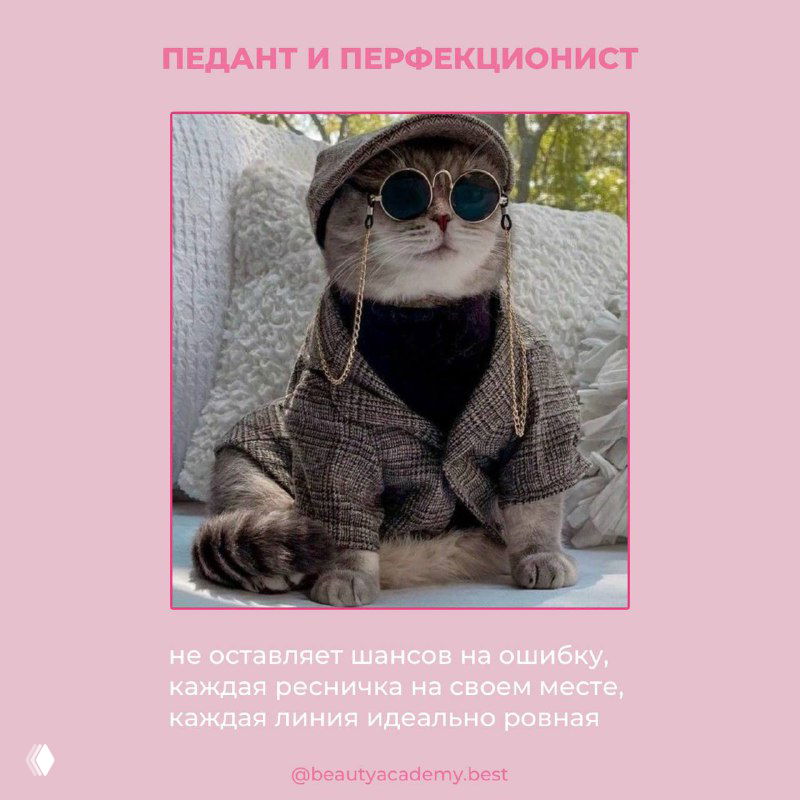 Кошка в пальто и шапке с аксессуарами на розовом фоне — карточка «ПЕДАНТ И ПЕРФЕКЦИОНИСТ», символ мастера, который не оставляет шансов на ошибку и добивается идеальной линии ресниц.