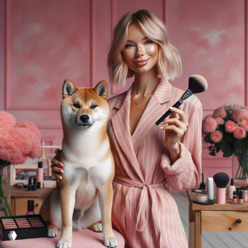 Блондинка в светлом халате держит кисть для макияжа рядом с шиба-ину; на заднем плане косметика и нежно-розовый интерьер.