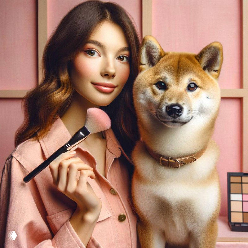 Модель с каштановыми волосами и шиба-ину позируют с кистью для румян; аккуратная косметическая палитра на заднем плане, розовая цветовая гамма.