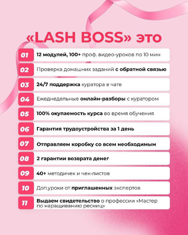 Плашка с перечислением модулей и преимуществ курса LASH BOSS: 12 модулей, поддержка кураторов, гарантия окупаемости на розовом фоне.