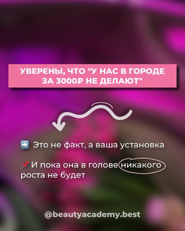 Розовый слайд с текстом «УВЕРЕНЫ, ЧТО 'У НАС В ГОРОДЕ ЗА 3000Р НЕ ДЕЛАЮТ'» и пояснениями о внутренних установках, мешающих росту мастера.