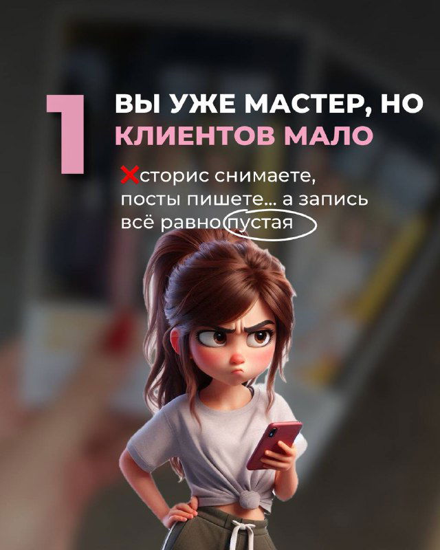 Слайд №1: иллюстрация расстроенной мастерицы, подпись о проблеме «вы уже мастер, но клиентов мало», фон рабочего места салона и нечеткие инструменты.