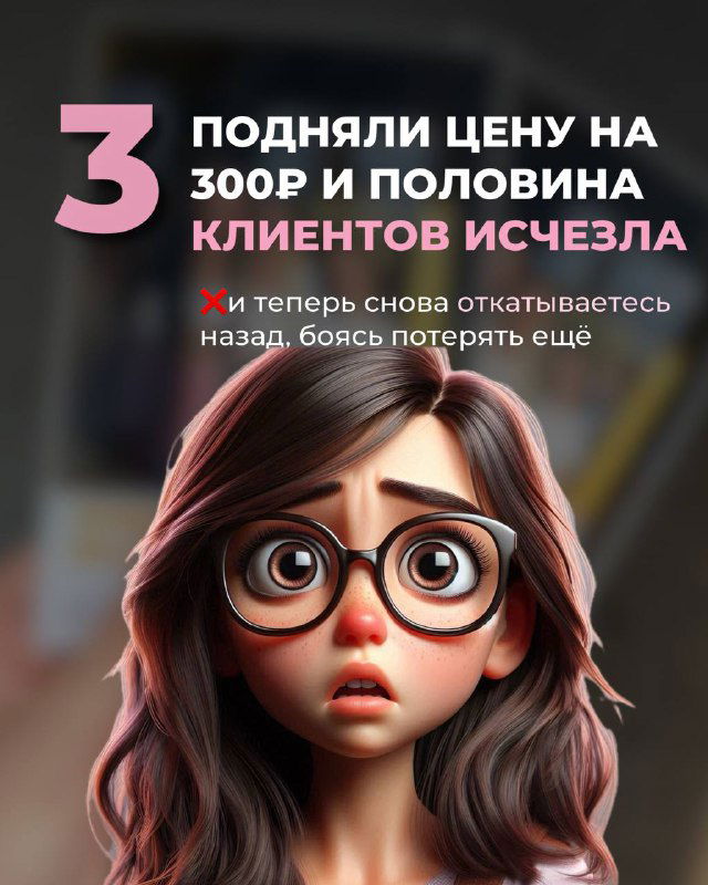 Слайд №3: испуганная героиня и текст о том, что после повышения цены половина клиентов уходит; графический макет для рекламного каруселя.