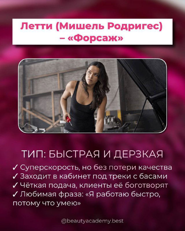 Карточка архетипа с изображением спортивной сцены, заголовок и подпись «ТИП: БЫСТРАЯ И ДЕРЗКАЯ», пункты про скорость и уверенность в работе.