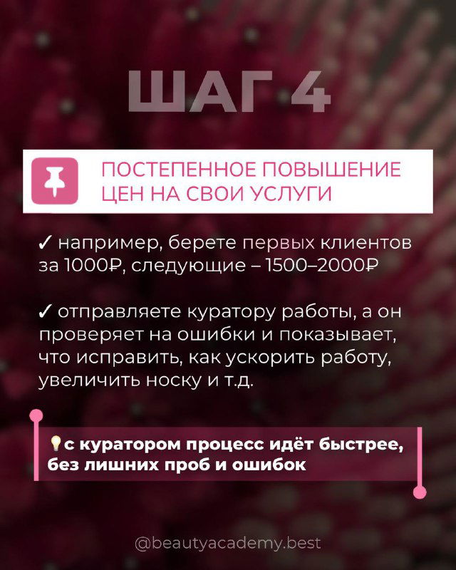 Слайд «ШАГ 4»: постепенное повышение цен, пример схемы ценообразования для первых клиентов и роль куратора в проверке работ.