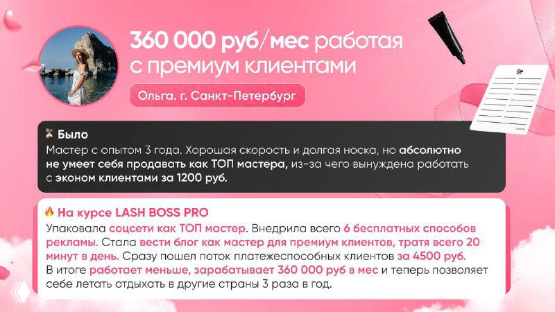 Промо-графика с изображением мастера на светлом фонe, текстом «360 000 руб/мес» и акцентом на VIP-клиентах — визуал кейса Нины