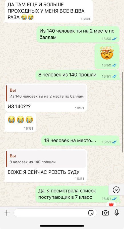 Скриншот разговора, где участники обсуждают места и баллы при поступлении; видны оценки и эмоции в сообщениях.