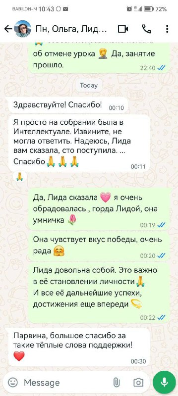 Скрин переписки с родителем, выражающим признательность за подготовку ученика и отмечающим его успехи при поступлении в лицей.