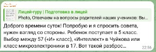 Изображение с логотипом канала и заголовком «Лицей‑гуру | Подготовка в лицей» над блоком текста, где автор отвечает на вопросы родителей о поступлении.