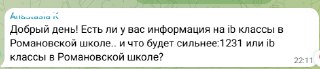 Скриншот чата Telegram: переписка и вопросы родителей о выборе между Романовской школой и школой №1231, сравнение.