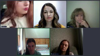 Скриншот онлайн‑семинара: шесть участников в окнах видеозвонка, обсуждают разбор вступительных вариантов и ошибки.