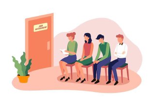 Иллюстрация: четыре человека сидят у двери с табличкой «Job interview», ожидая собеседования — символ процесса отбора кандидатов.