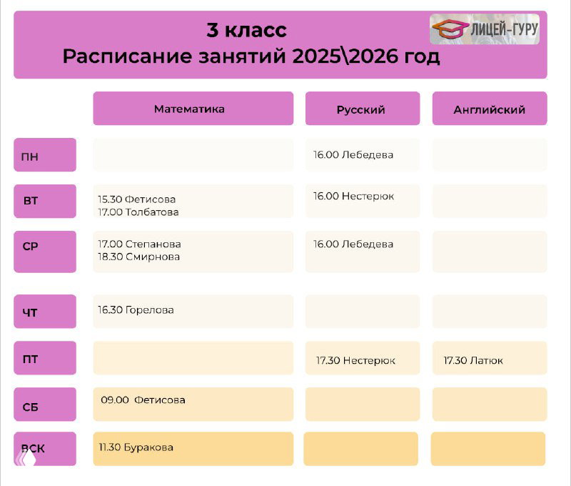 Горизонтальная карта расписания для одного из классов с выделенными блоками по предметам: математика, русский, английский, логотип школы справа.