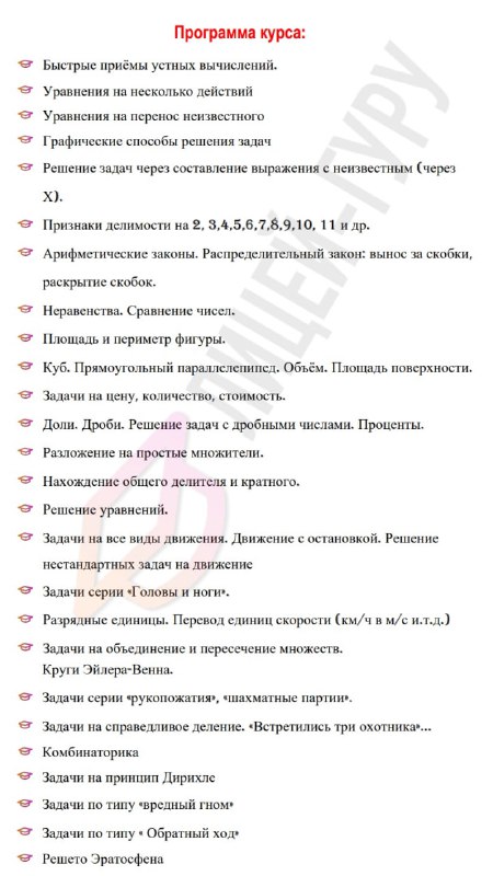 Чёрно-белый макет страницы с программой курса и списком тем: перечисление тем углублённой подготовки по математике для поступающих.