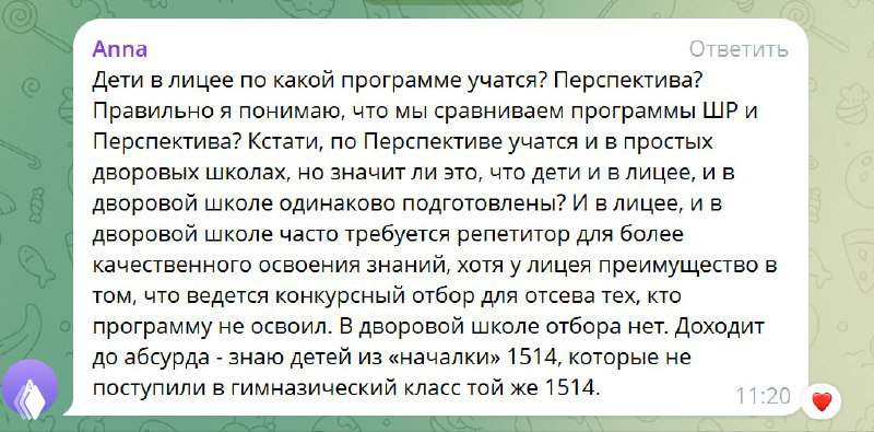 Скриншот фрагмента переписки в Telegram: выделен комментарий читателя о выборе школы, видно интерфейс чата и время.