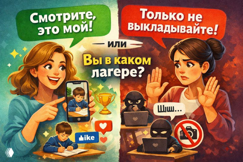 Иллюстрация: два родительских лагеря — одни гордятся фото детей в школьных каналах, другие беспокоятся о приватности