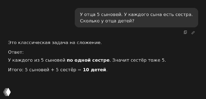 Скриншот с экраном: формулировка задачи «У отца 5 сыновей...» и подробное текстовое решение с пояснениями о числе детей и логике