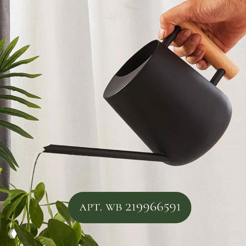 Чёрная матовая леечка с деревянной ручкой на светлом фоне; изображение с подписью «арт. WB 219966591» как вариант для комнатных растений.