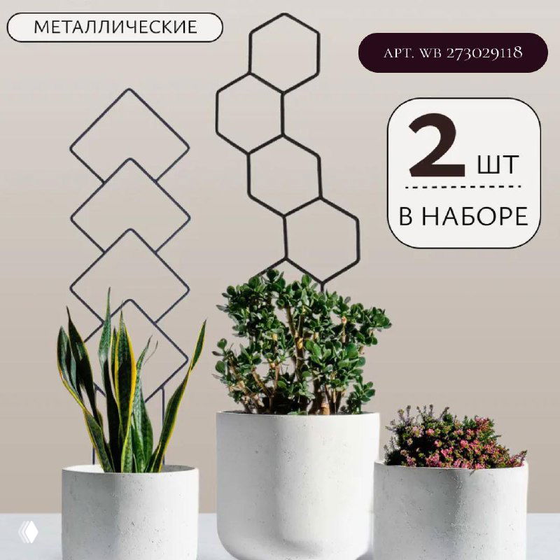 Упаковка с металлическими геометрическими опорами рядом с тремя небольшими горшками; рекламный вид набора из двух штук.