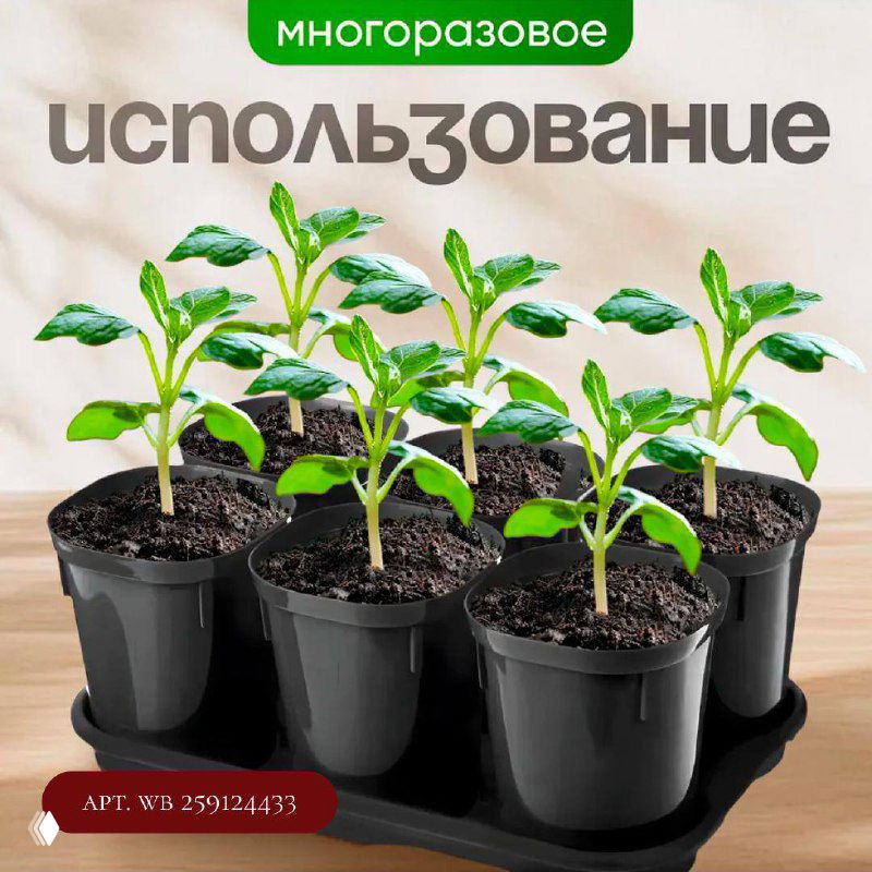 Чёрные круглые горшочки с молодыми ростками на поддоне, рекламная надпись «многоразовое использование», штрих-код и артикул WB 259124433.