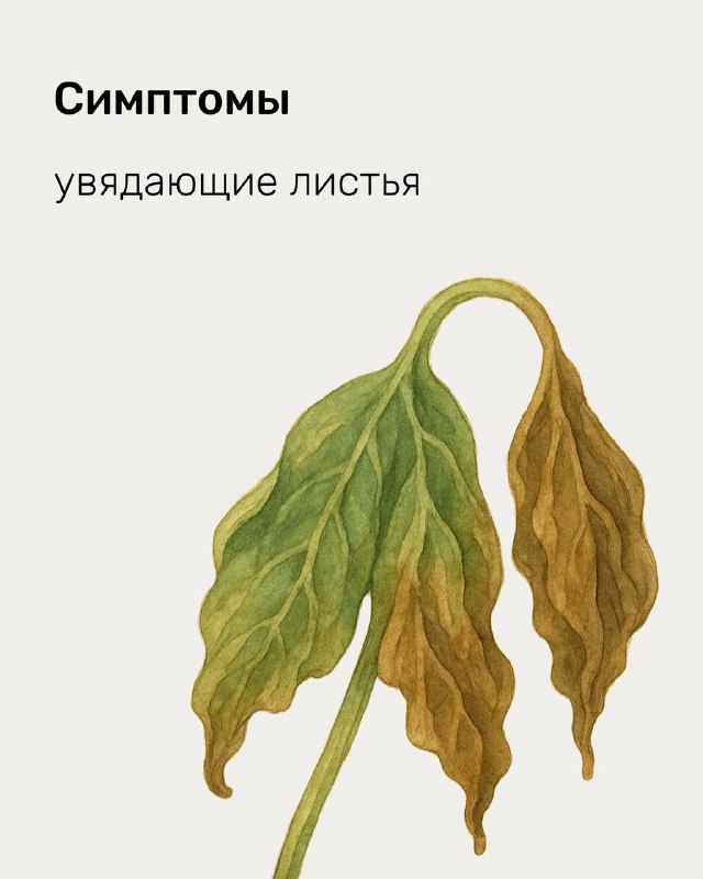 Рисунок увядающего листа как симптом переувлажнения или пересыхания — визуальная подсказка распространённых проблем у комнатных растений.