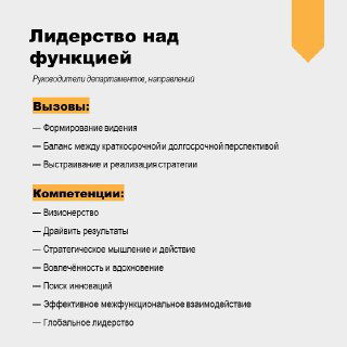 Слайд «Лидерство над функцией»: формирование видения, баланс краткосрочной и долгосрочной перспективы, стратегическое мышление и поиск инноваций.