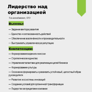 Слайд «Лидерство над организацией»: вызовы топ‑менеджмента, формирование культуры, управление талантами и развитие экосистемы инноваций для компании.