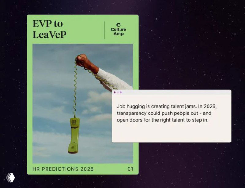 Зелёная карточка с текстом «EVP to LeaVeP» и изображением висящего предмета — символ трансформации EVP в более честные объявления о рабочем опыте.