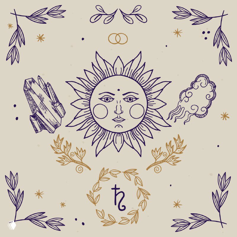 Кремовая декоративная иллюстрация: солнце с лицом, кристаллы, узоры и символ Сатурна, астрологические мотивы в орнаменте.