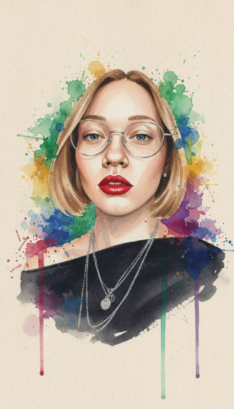 Акварельный портрет женщины в очках и красной помаде, на фоне ярких цветных брызг и плавных разводов краски; художественная иллюстрация образа