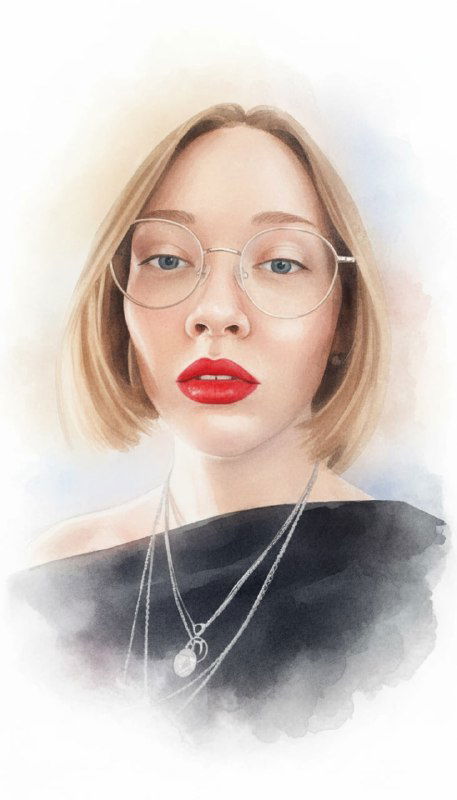 Акварельный портрет молодой женщины в очках и яркой помаде, стилизованный художественный образ для астрологического канала.