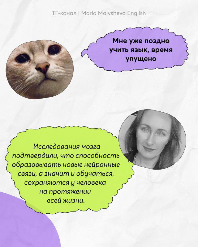 Иллюстрация с фото автора и изображением кота, облако с текстом «Мне уже поздно учить язык», визуальная заметка о страхе упущенного времени.