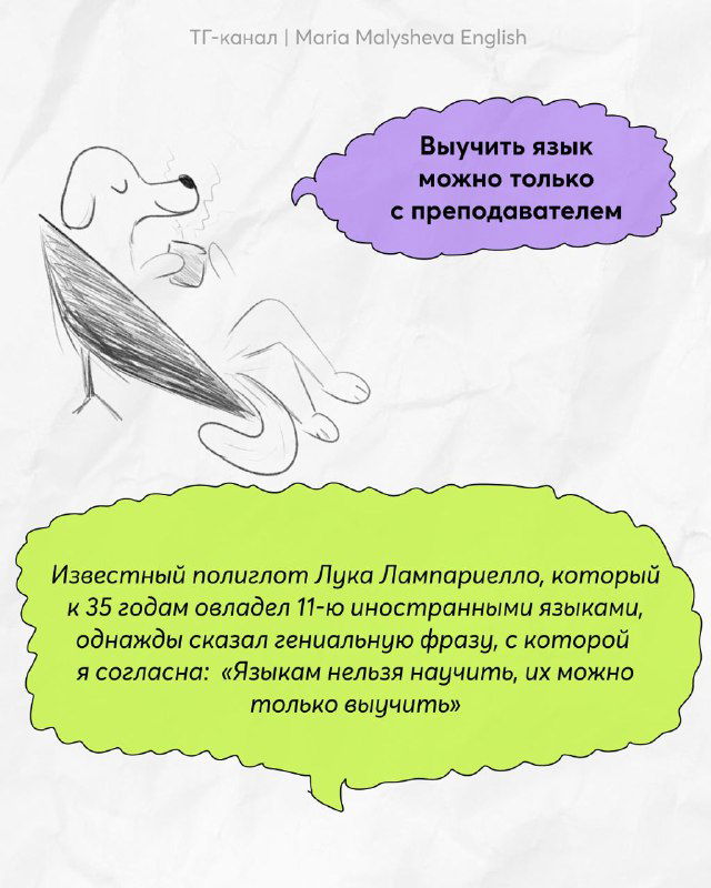 Картинка с карандашным рисунком и текстовым облаком о том, что язык можно выучить только с преподавателем; есть цитата о полиглоте Лука Лампариелло.