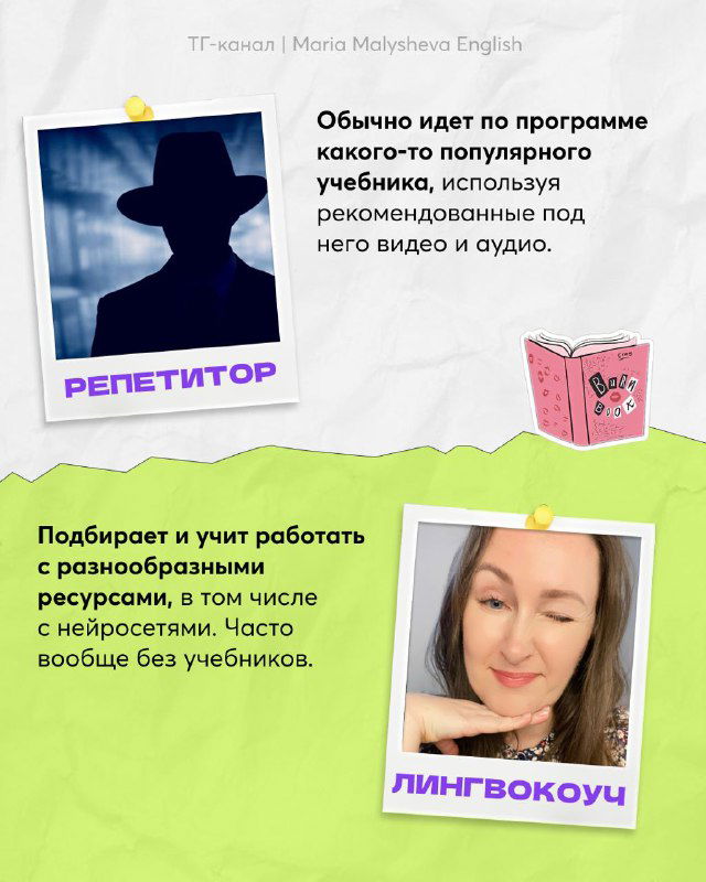 Слайд: репетитор учит по учебнику, лингвокоуч подбирает ресурсы и работает с нейросетями и разными материалами.