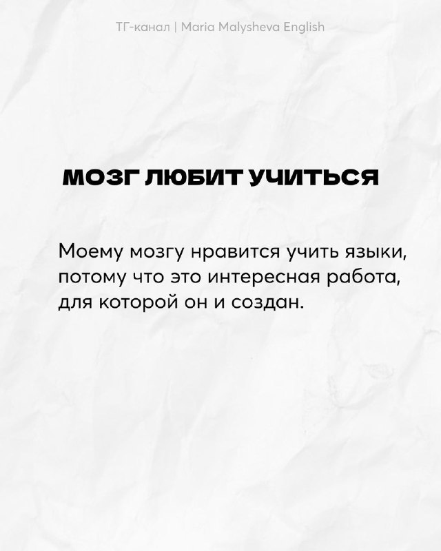 Слайд «Мозг любит учиться» с подписью о том, что мозгу нравится изучать языки, потому что это интересная работа для него.
