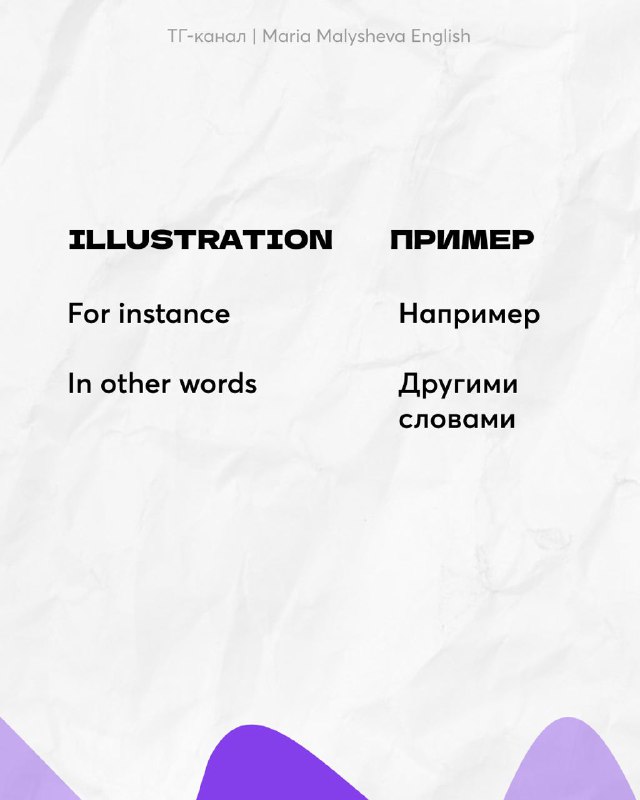 Слайд: ILLUSTRATION / пример с выражениями For instance, In other words и русскими эквивалентами для пояснений.