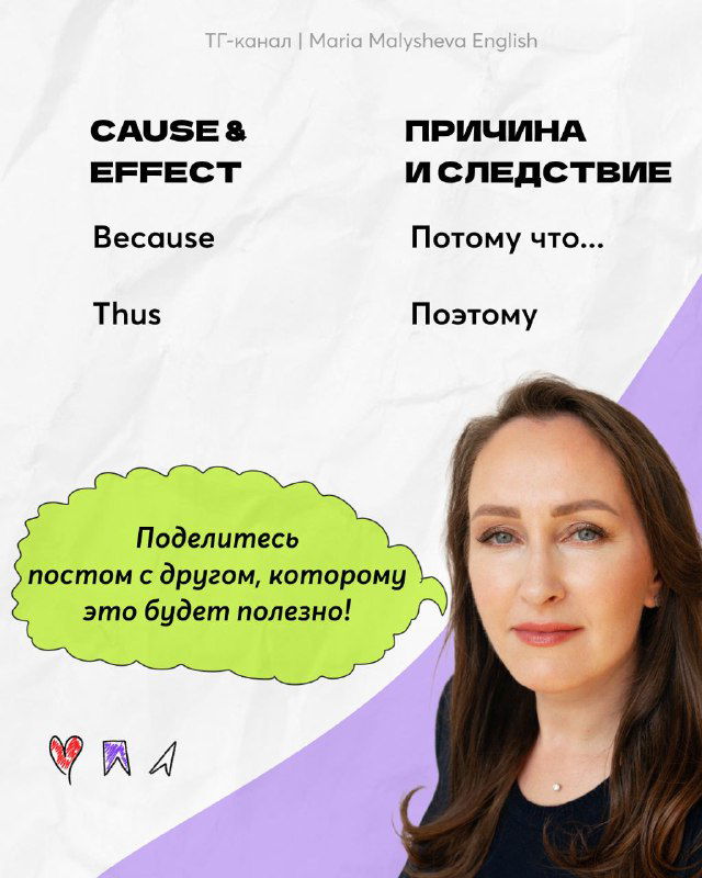 Финальный слайд с просьбой поделиться постом, фото автора Марии Малышевой и напоминанием о пользе практики филлеров в речи.