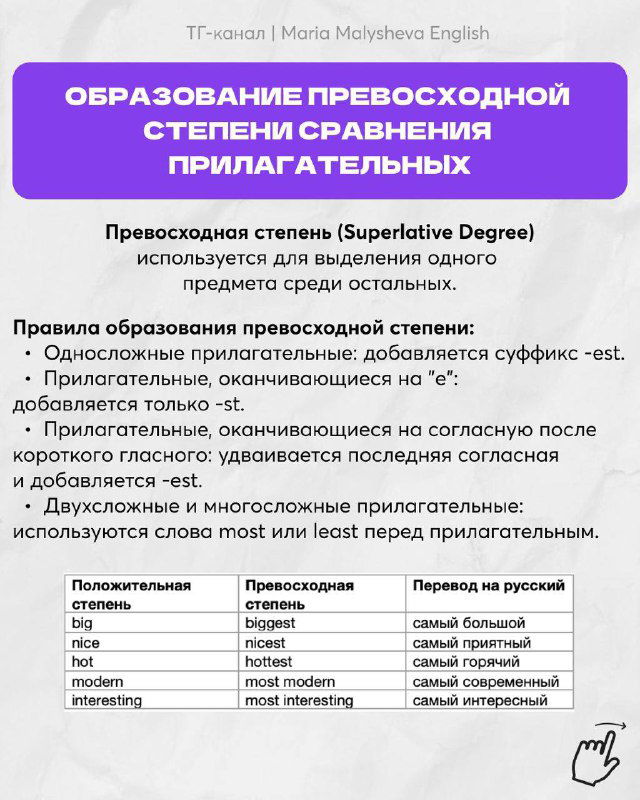 Слайд про образование превосходной степени прилагательных с правилами, примерами и таблицами переводов на русский язык.