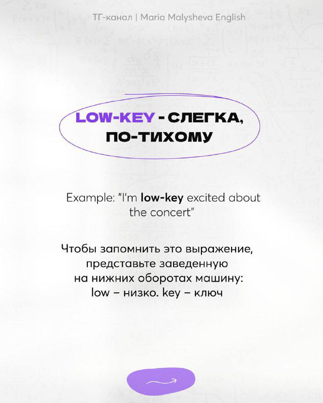 Карточка со сленгом «low-key» с переводом «слегка, по-тихому», пример предложения и мнемотехника для запоминания выражения.
