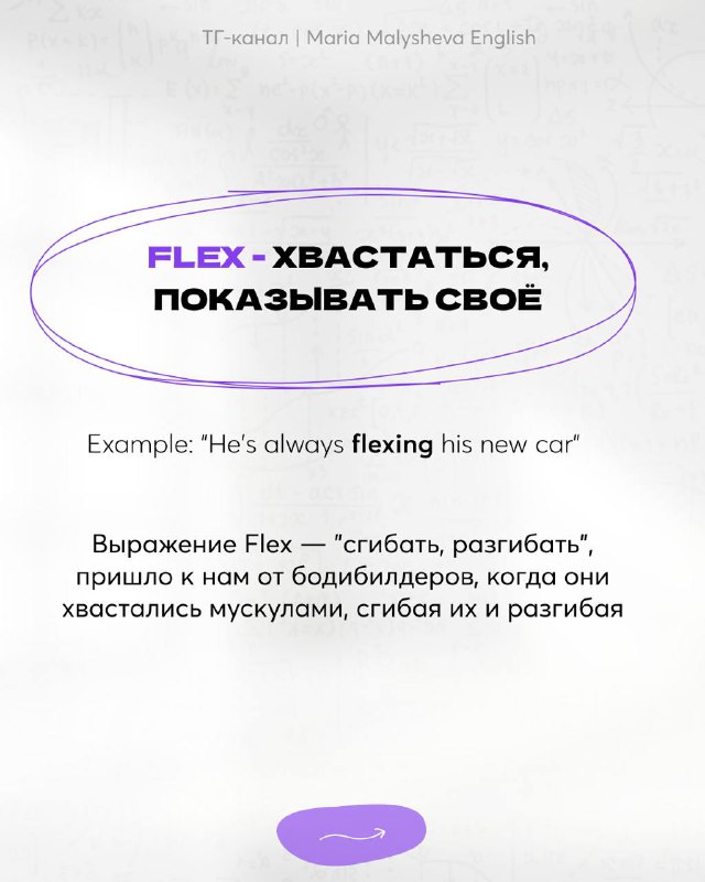 Карточка со сленгом «flex» и переводом «хвастаться, показывать своё», пример предложения и заметки о происхождении от бодибилдерского сленга.
