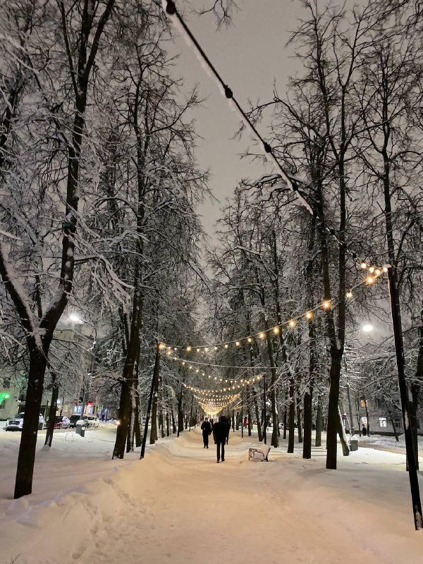 Заснежённая аллея с гирляндами и одинокими прохожими вечером; деревья в снегу и тёплое уличное освещение создают атмосферу праздника.